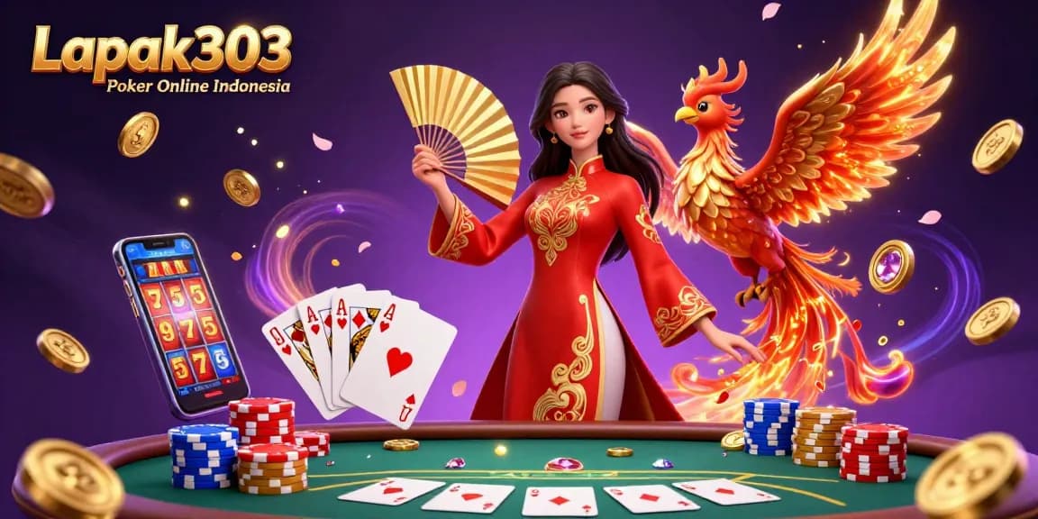 Engage with Lapak303 Poker Online Indonesia through this vibrant poker scene featuring a beautiful woman, phoenix, and cascading coins.
