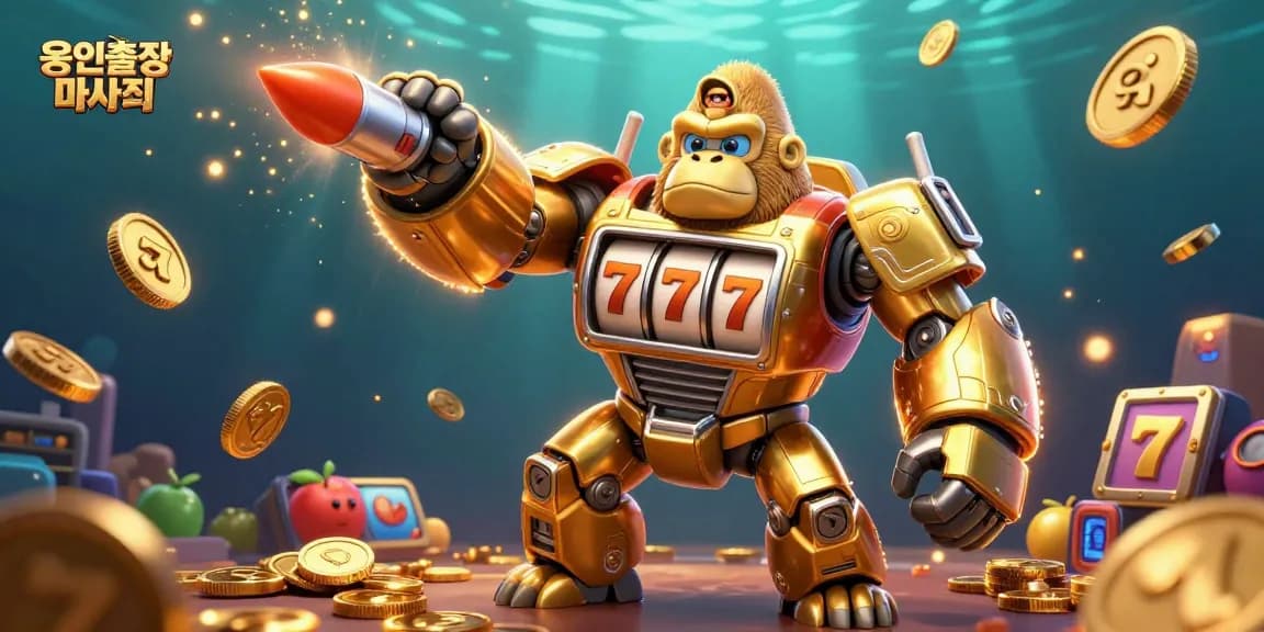 Experience the thrill of 용인출장마사지 with a powerful slot machine gorilla mecha amidst vibrant casino symbols and gold coins.