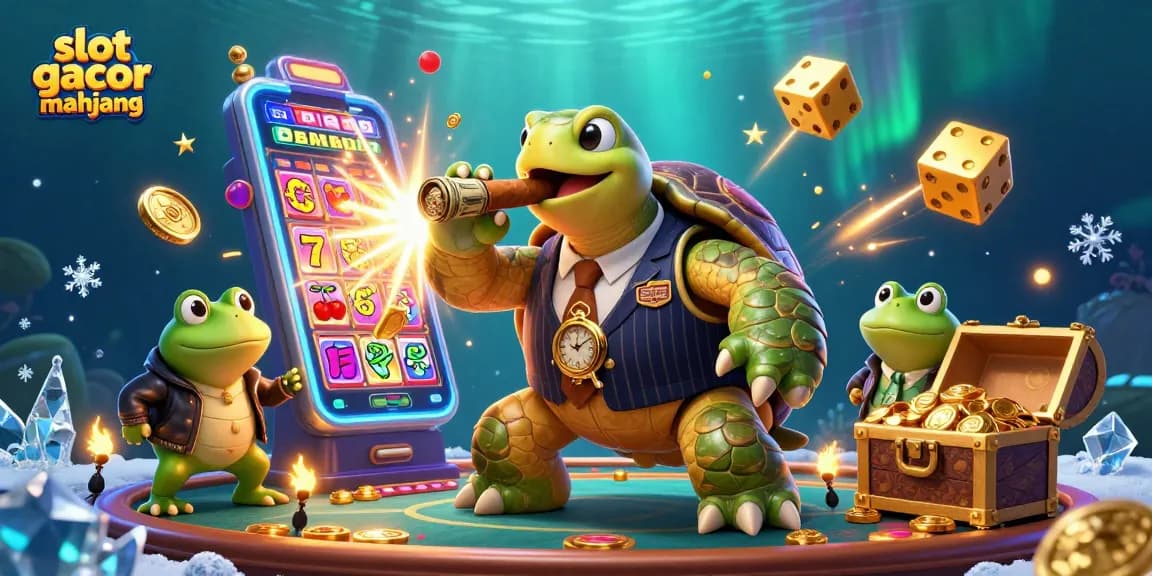 Experience the thrill of slot gacor mahjong with a vibrant 3D casino scene featuring a turtle mobster.