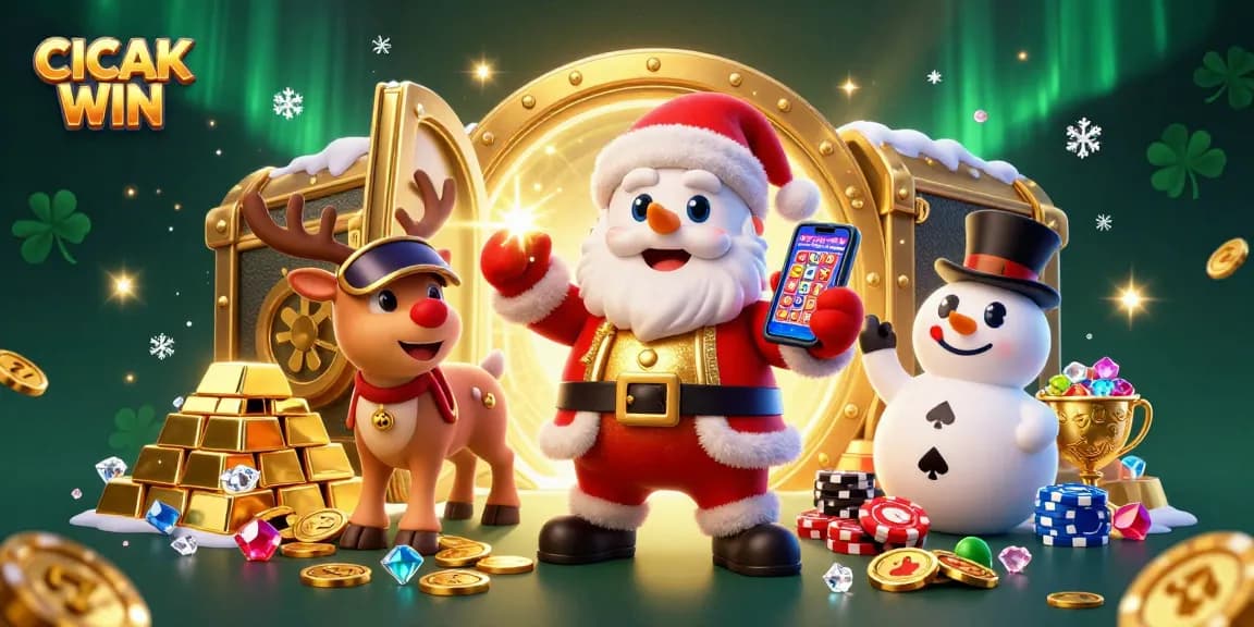 CICAK WIN showcases a festive casino scene with Santa, reindeer, and snowman celebrating jackpots amidst sparkling treasures.