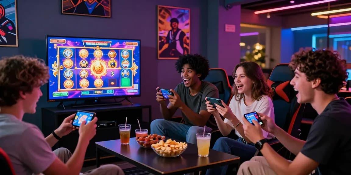 Friends celebrating a jackpot while playing apk slot games in a vibrant gaming lounge.
