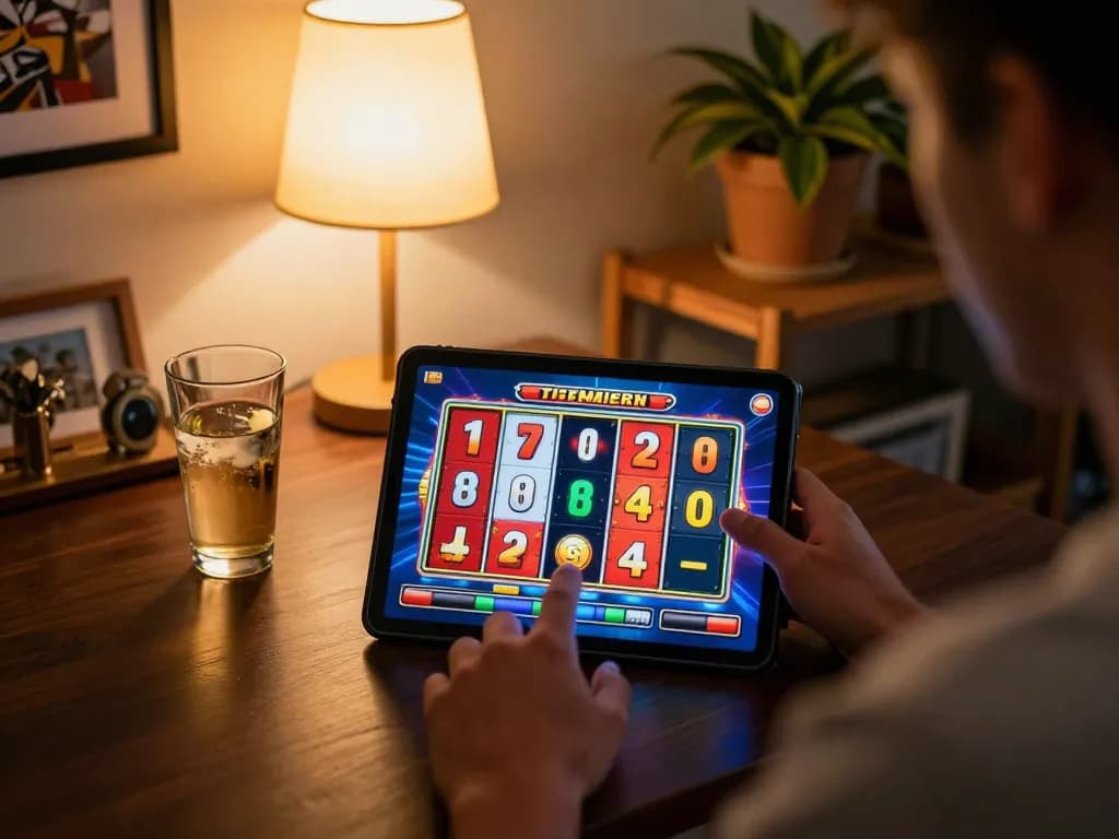 Engaging with slot deposit 2rb on a tablet, showcasing vibrant slot graphics and cozy gaming atmosphere.