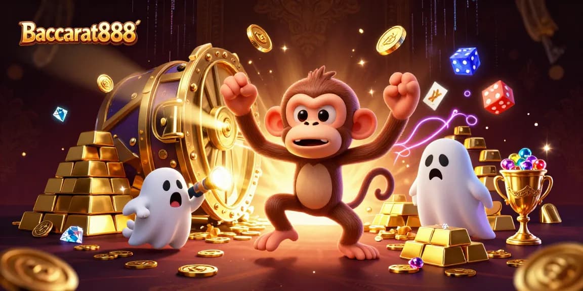 Experience Baccarat888's thrilling casino atmosphere with playful spirits and golden treasures.