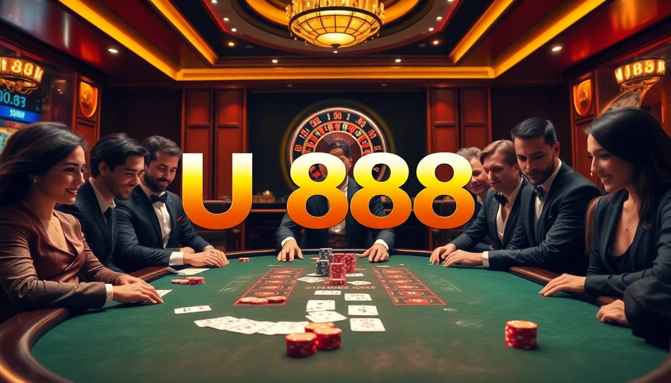 Experience excitement at U888's vibrant casino scene featuring poker action and high-stakes gameplay.