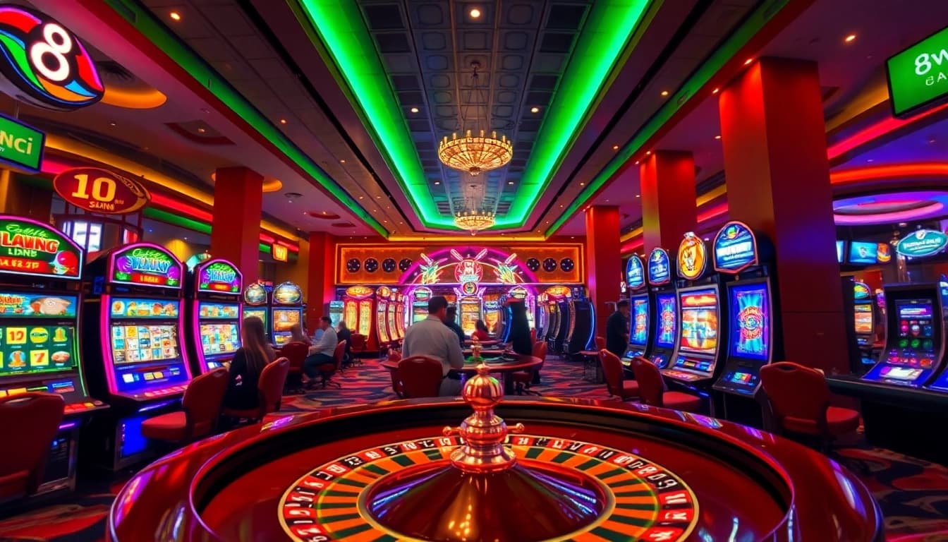 Experience the vibrant excitement of 8win casino with players engaged in thrilling games.