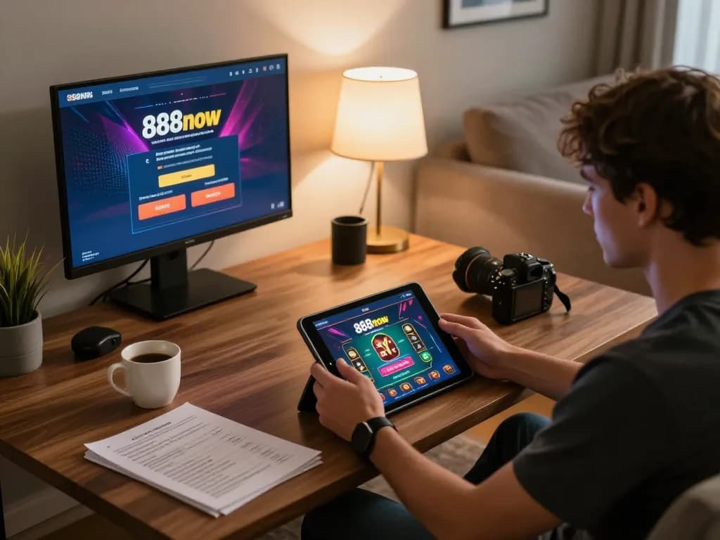 Engaging scene of a user focused on online gaming with 888now đăng nhập on the tablet, set in a cozy atmosphere.