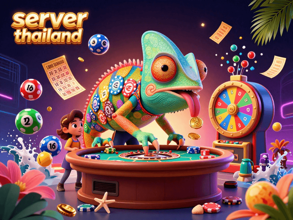 Experience vibrant gaming with server thailand, featuring a colorful 3D chameleon and dynamic casino elements.