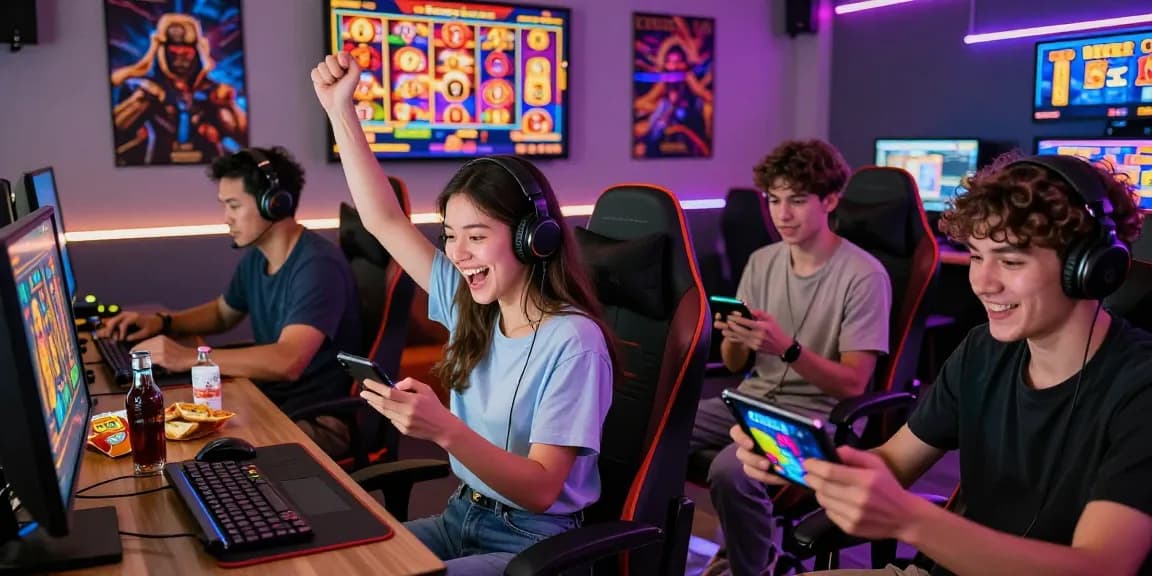 Excited players enjoying slot games in a vibrant online gaming lounge.