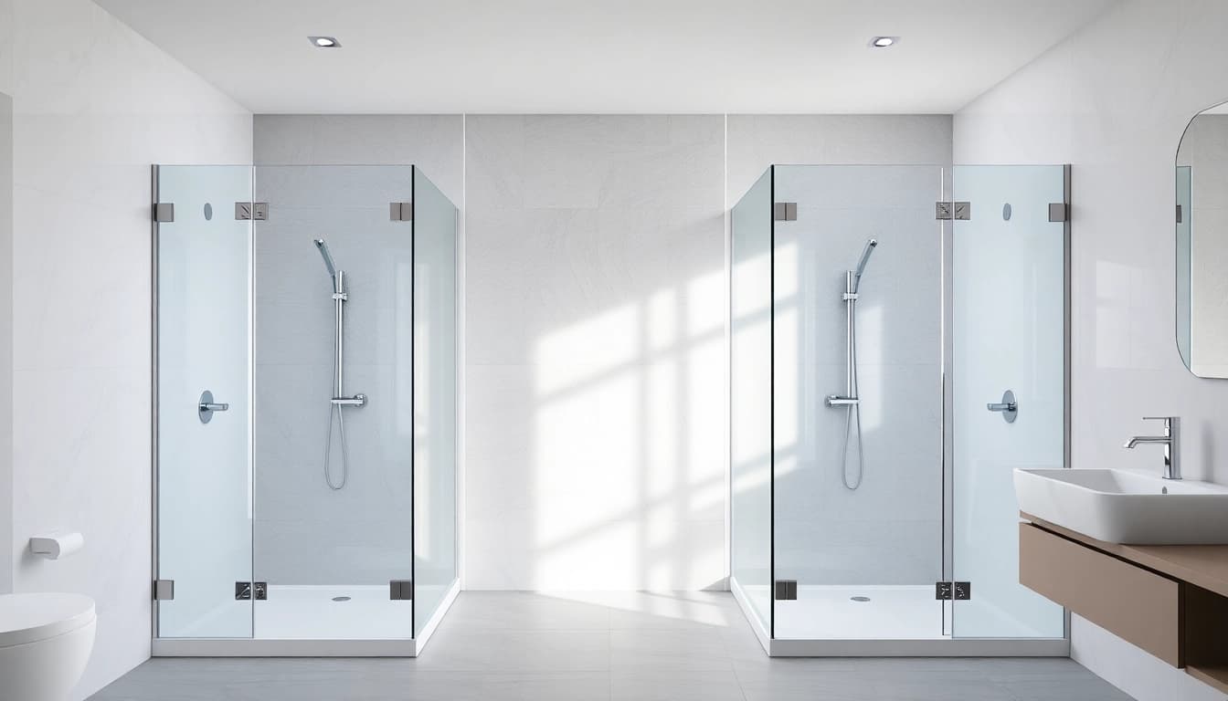 Experience elegant showers in a sleek, modern bathroom with glass enclosures and serene decor.