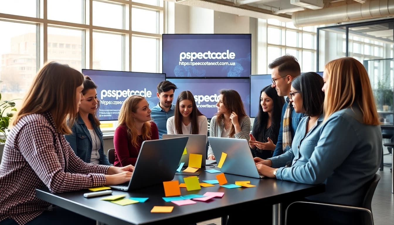 Engaging team brainstorming for content strategies on https://spectacle.com.ua in a bright office.