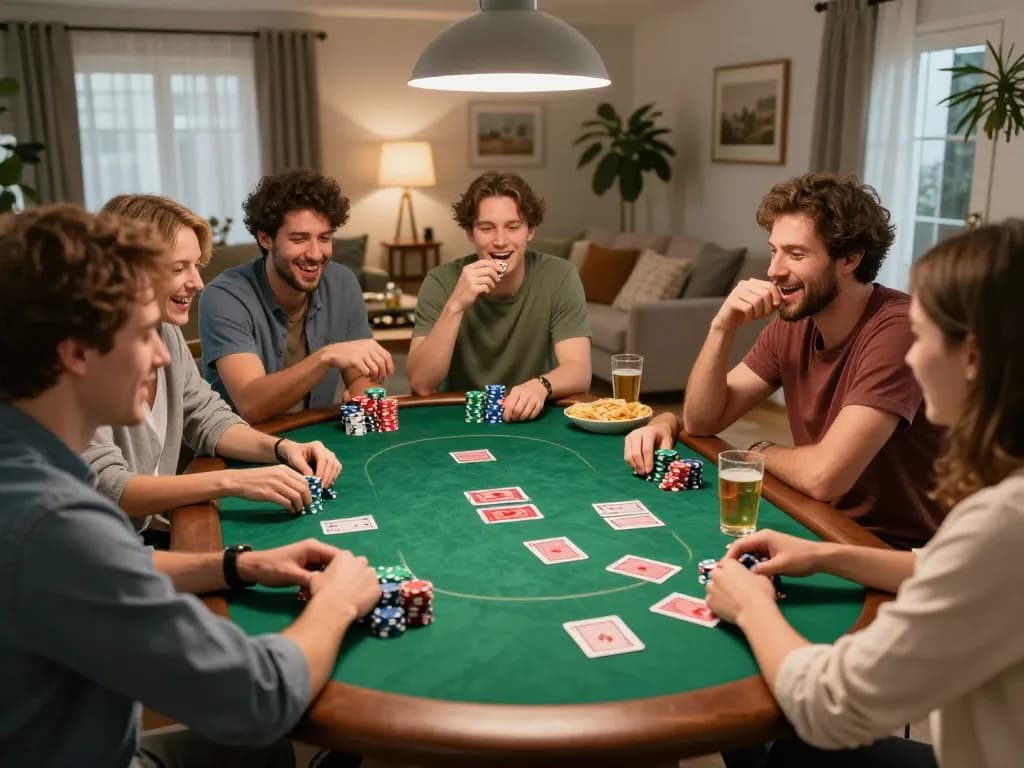 Friends enjoying a poker night at home, fully engaging in the manclub experience through strategic gameplay.