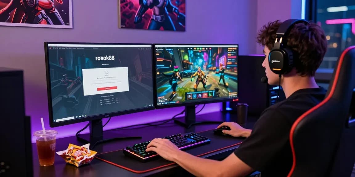 User engaged with rokok88 login on dual monitors in a gaming setup