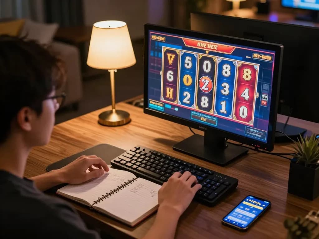 Player engaging with 678vip ne online slots, showcasing colorful graphics and a strategic setup.