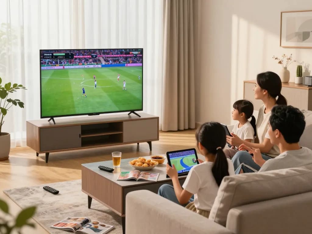 Gezin kijkt naar IPTV TV in een gezellige woonkamer, benadrukt de gezinsverbinding en entertainment.