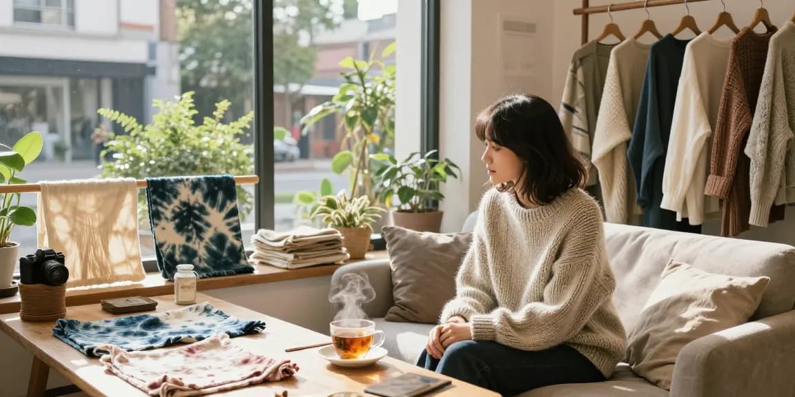 Slow fashion scene with sustainable knitwear and handmade garments in an urban studio.