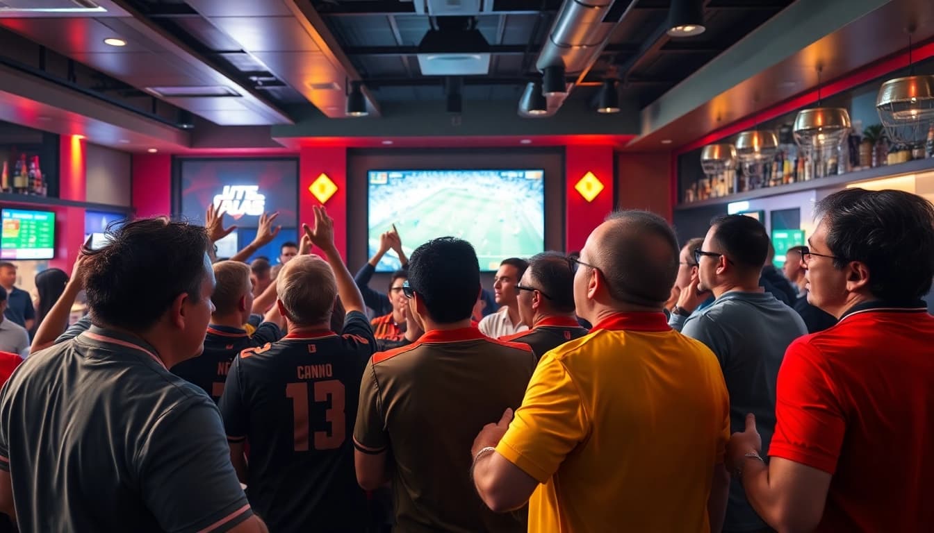 A lively sports bar scene showcasing fans engaged in watching live matches and discussing kèo nhà cái.