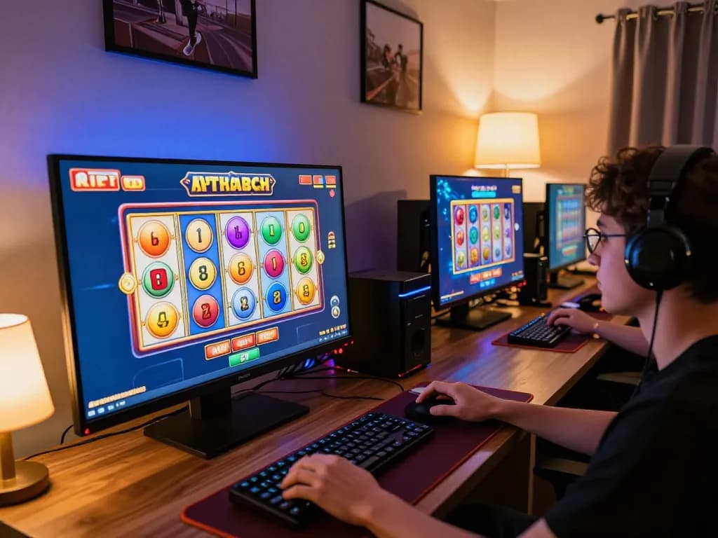 Playing slot demo games on a vibrant online gaming setup with animated reels and engaging visuals