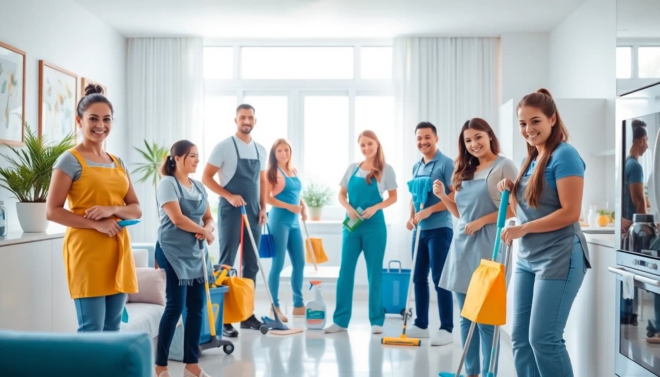 Cleaning service professionals efficiently tidying a modern home, creating a welcoming environment.
