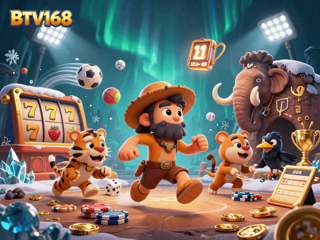 BTV168 unlocks winning strategies in a dynamic prehistoric casino scene with cartoon characters.