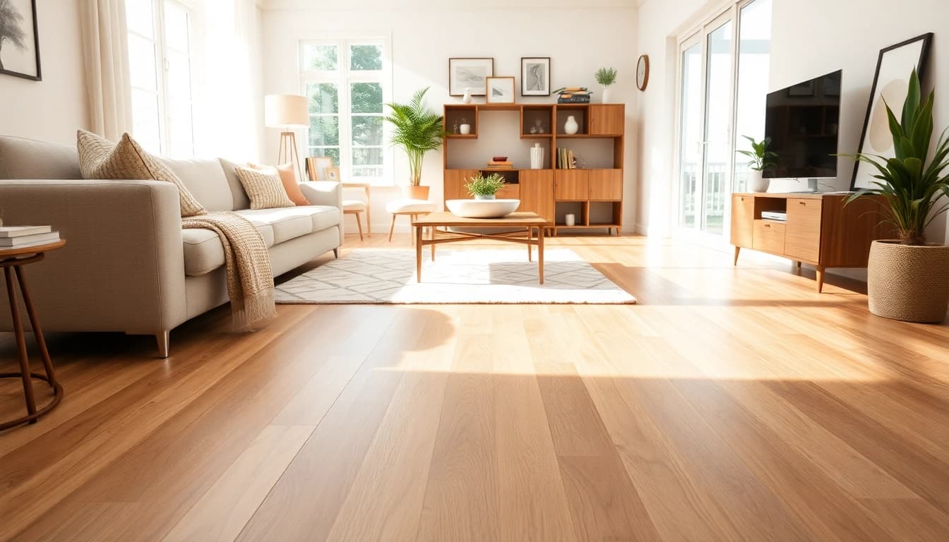 Experience elegant discount vinyl flooring in a bright living room featuring modern aesthetics.