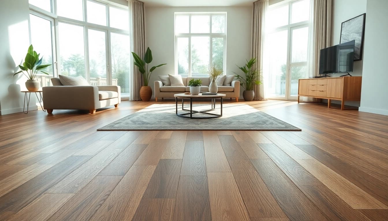 Stylish living room with elegant vinyl flooring showcasing its textures and warm colors.