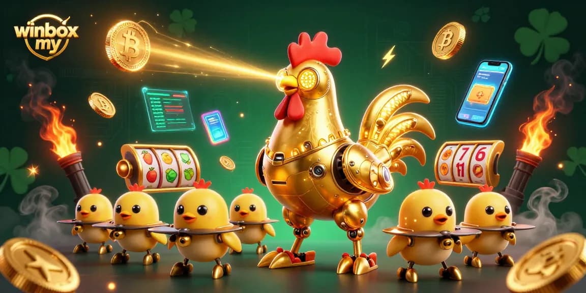 Experience thrilling play at winbox my with a captivating 3D illustration of slot games and crypto coins.