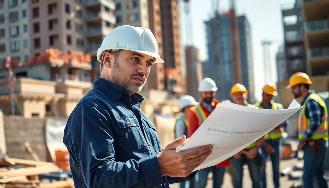 New Jersey General Contractor coordinating a construction team on-site with blueprints.