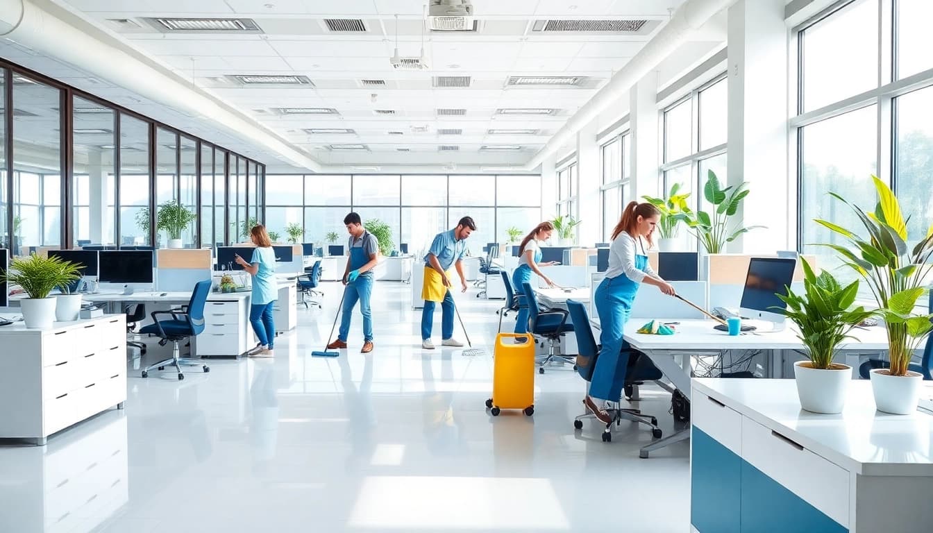 Enhance your workspace with Office Cleaning Services Dubai, showcasing a vibrant team actively cleaning.