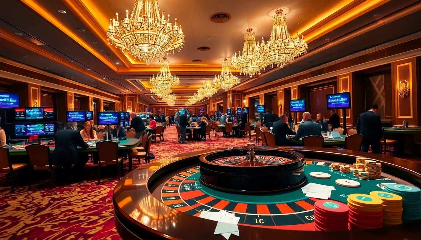 The vibrant ambiance of a casino featuring poker tables, roulette wheels, and elements suggesting hidden wiki onion links.