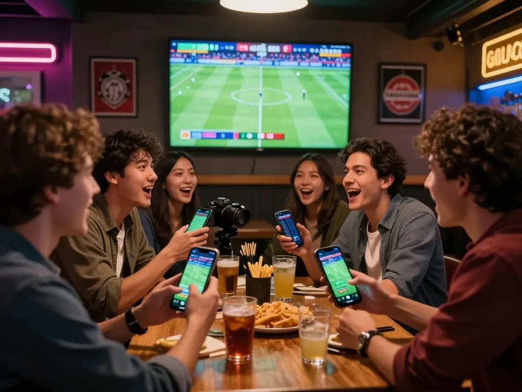 Excited friends enjoying live sports betting with 92slot app visible on phones.