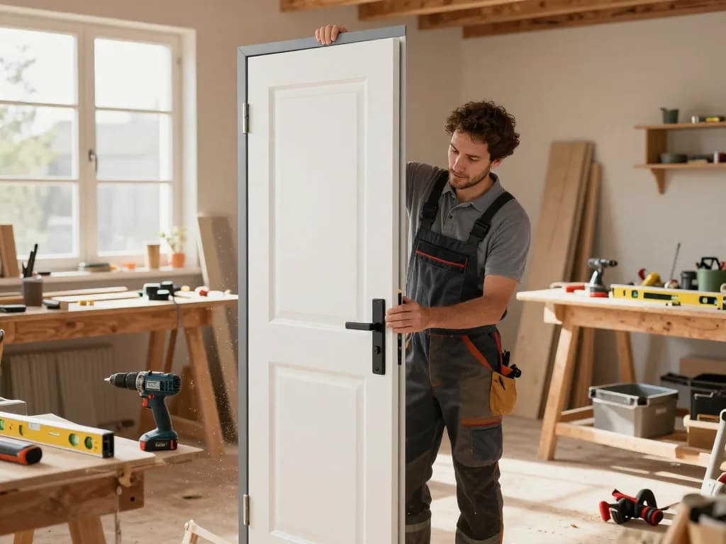 Installation einer nebeneingangstür in einer gut beleuchteten Werkstatt mit Werkzeugen und Tageslicht.