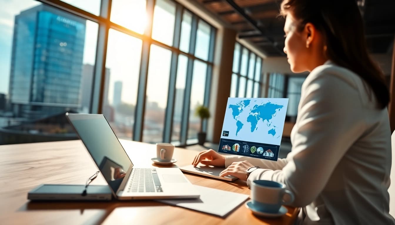 Evaluate international real estate websites with a professional agent in a modern office.