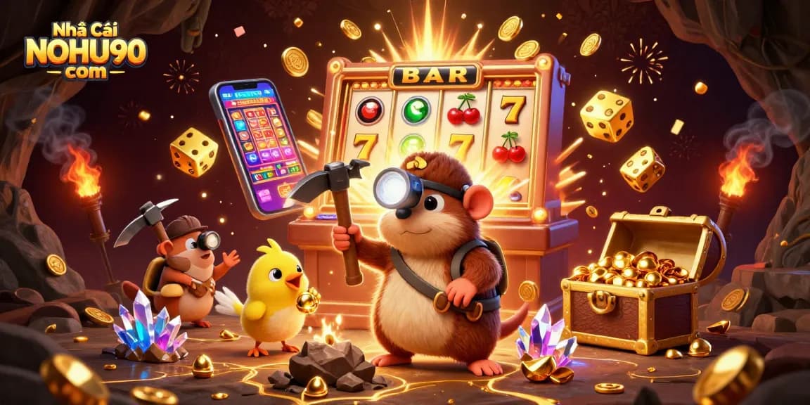 Experience the excitement at Nhà Cái NOHU90 com with a dynamic treasure-hunting scene filled with casino elements.