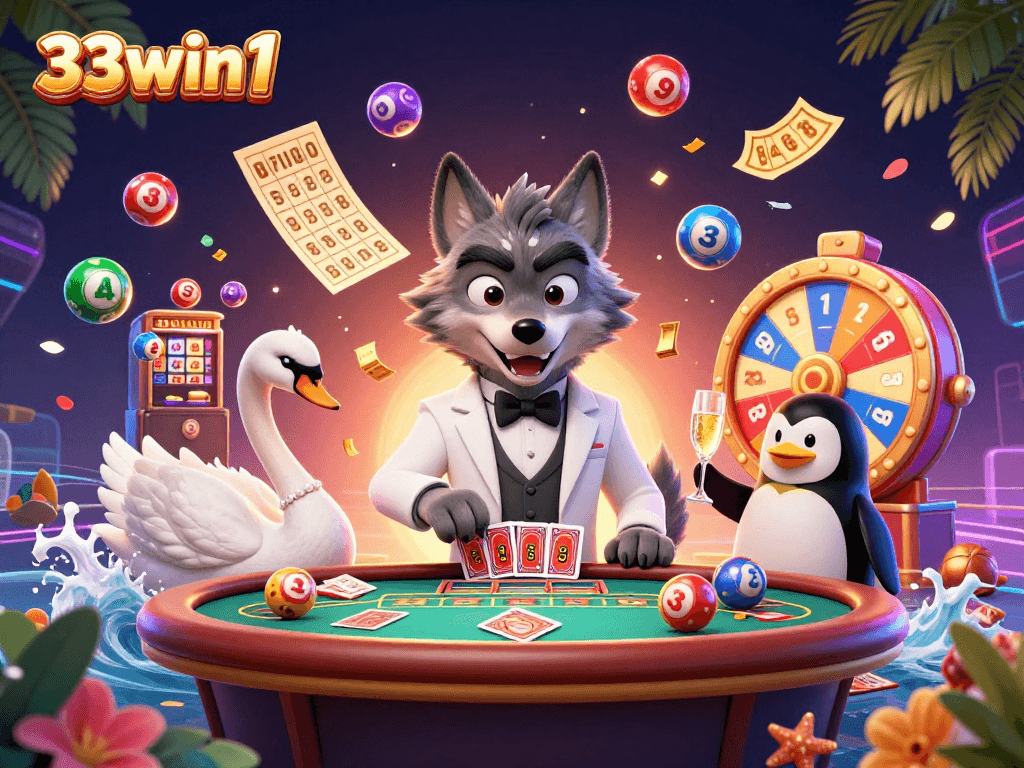 Engage with 33win1 through an ultra-detailed 3D casino illustration showcasing lively game elements and charismatic characters.