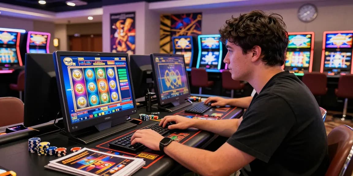 Engaged player enjoying slot gacor in modern online casino setting, vibrant graphics highlighting gaming excitement.