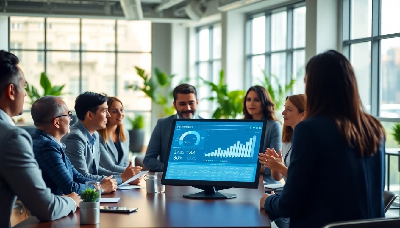 Engaging discussion among business professionals in a modern office setting.
