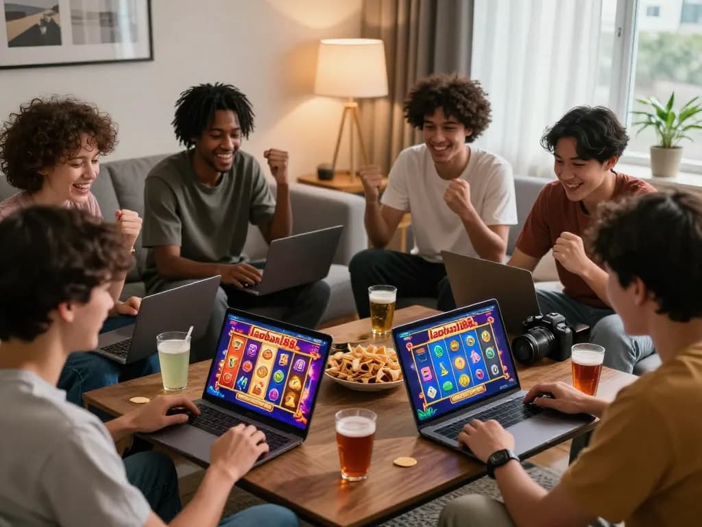 Sesi permainan online dinamis yang menampilkan gameplay laoban188 dengan pemain bersorak di sekitar visual slot yang penuh warna.
