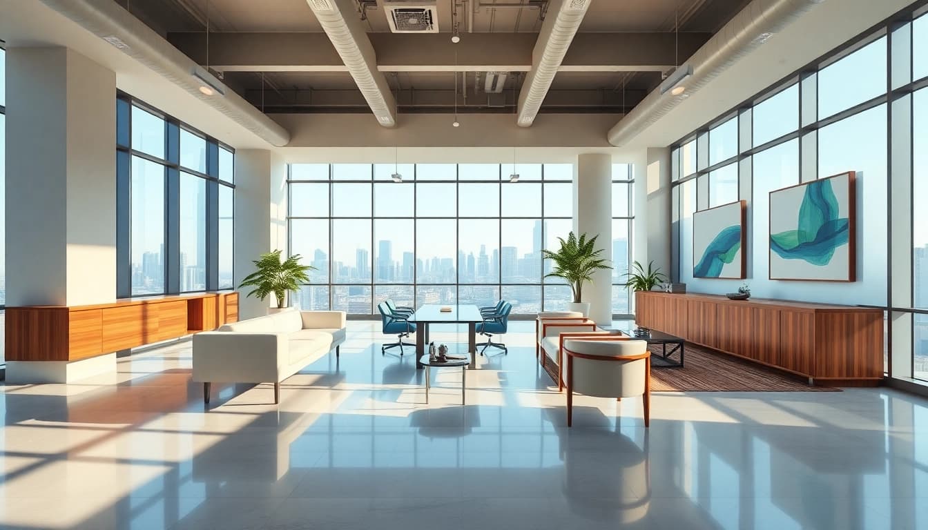 Showcasing vibrant industrial leasing office space reflecting modern design elements.