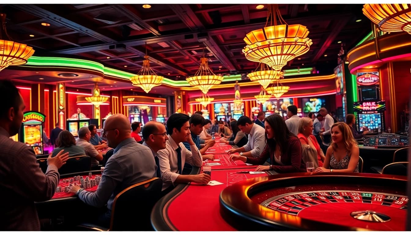 Bermain di bbni4d dengan suasana kasino yang ramai dan lampu neon berkilau.