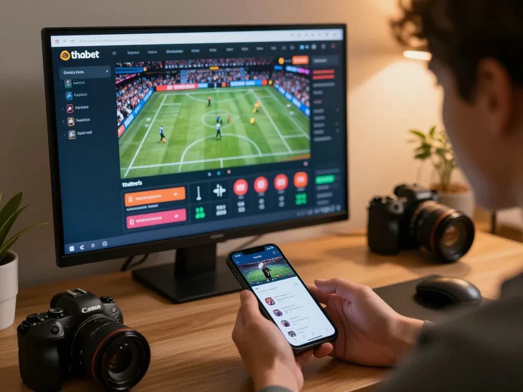 Engaging user strategizing bets on thabet's online sports betting platform while using a smartphone.