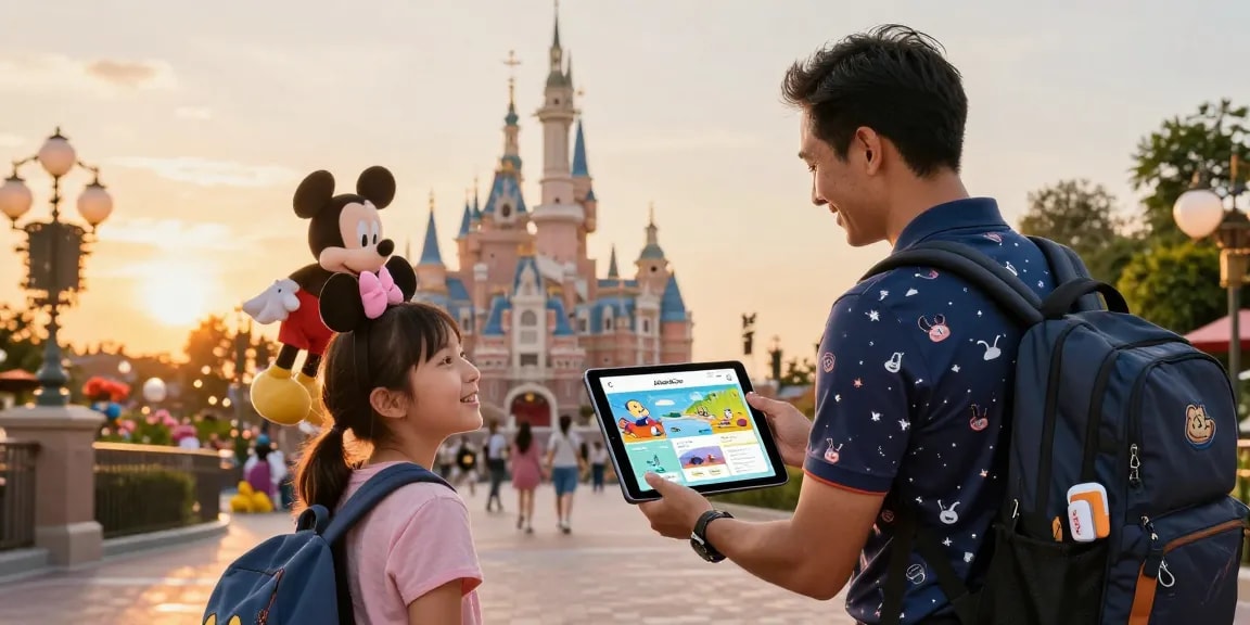 Disney travel agent crm showcased on tablet during family trip planning at a Disney-themed location, highlighting magical itineraries and joyful atmosphere.