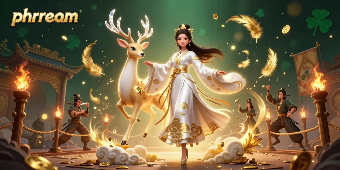 Phdream's vibrant casino scene showcasing a serene Asian woman in hanfu amidst gaming elements.