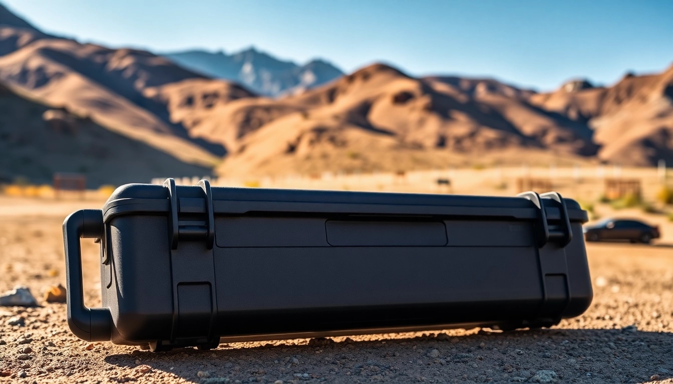 Showcase the pelican rifle case at an outdoor shooting range, emphasizing its durability and design.
