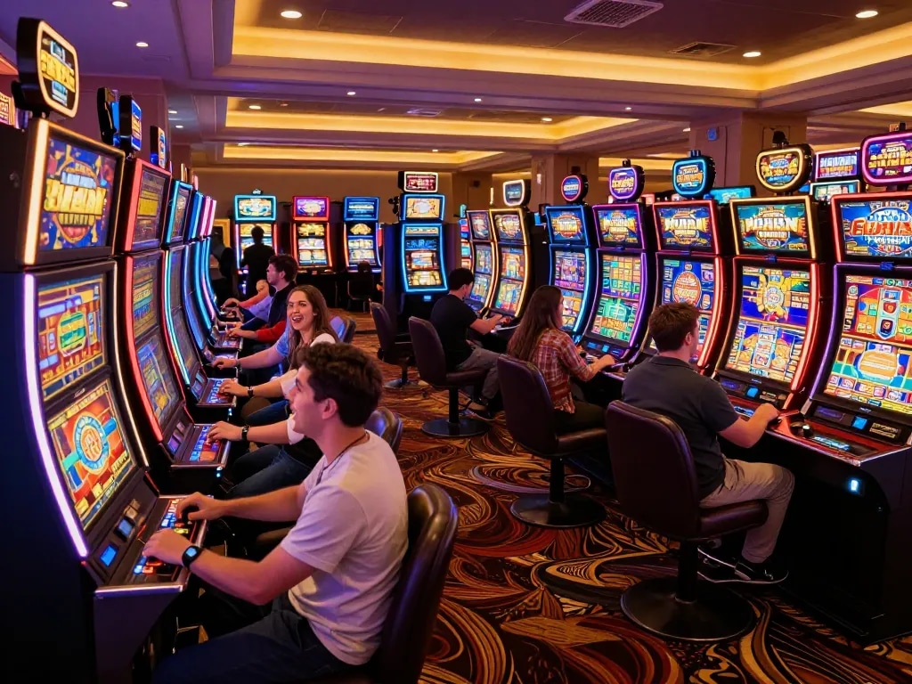 Players enjoying engaging thailand slot machines with vibrant lights and exciting gameplay