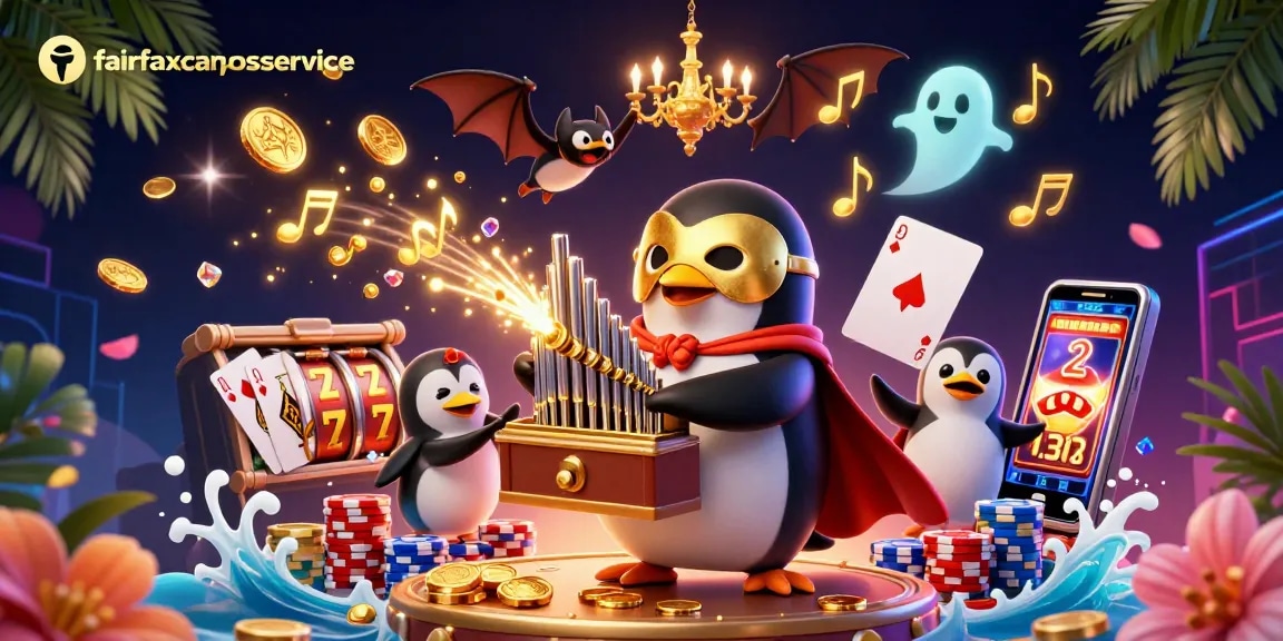Play slots and win with fairfaxcarpetservice as a penguin and bat celebrate in a lavish casino.