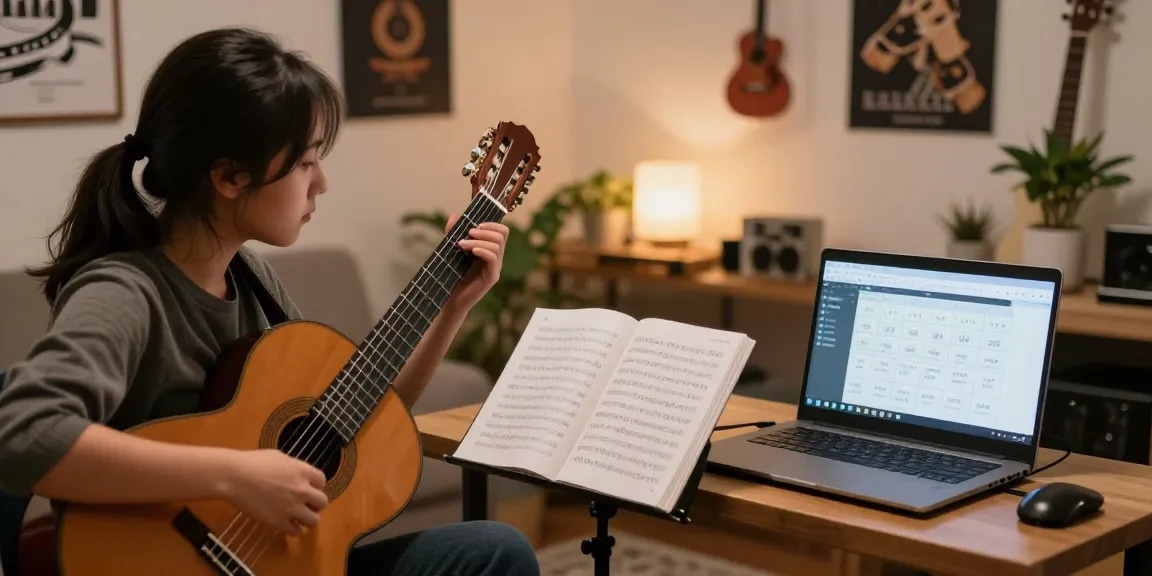 Engaging online classical guitar lessons online with a certified guitarist demonstrating techniques to a student.