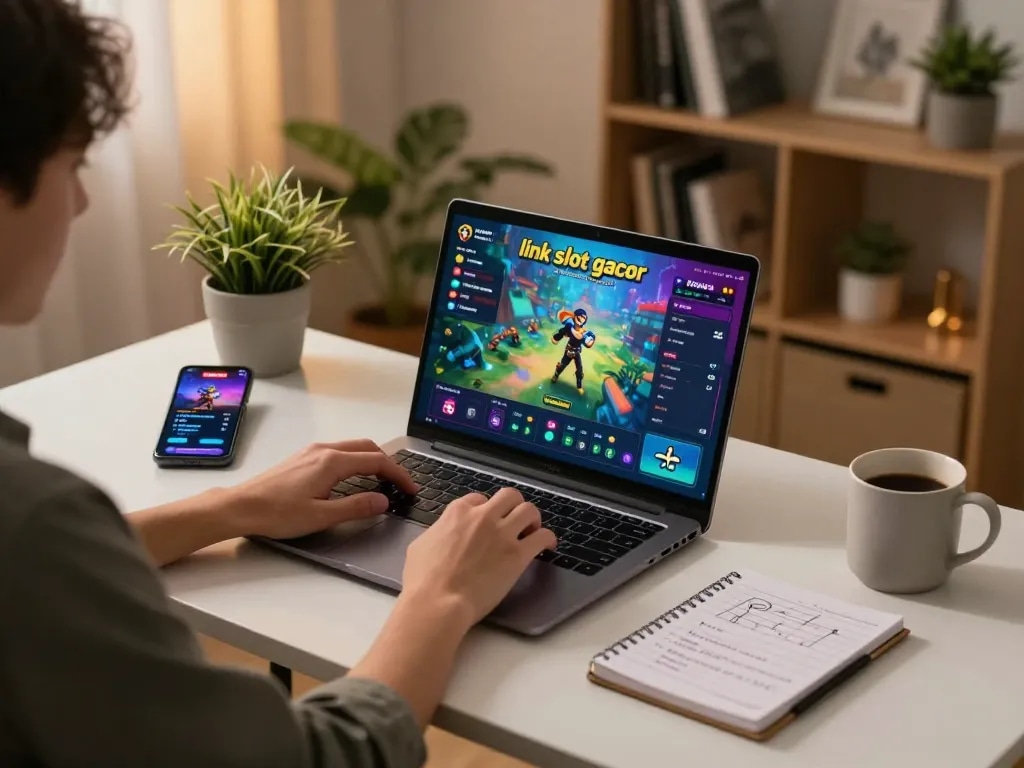 Person engaged with link slot gacor on a laptop, surrounded by home gaming elements.