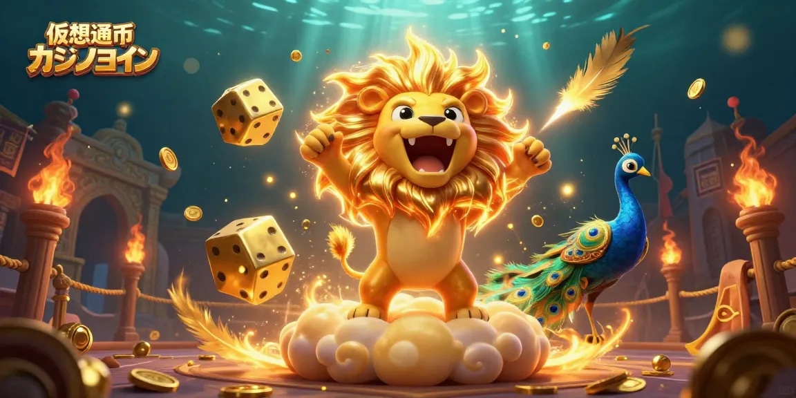 仮想通貨 カジノ コインをテーマにした煌びやかな3Dイラスト、太陽のライオンと金のサイコロ、コインが散りばめられたカジノの世界が広がる。