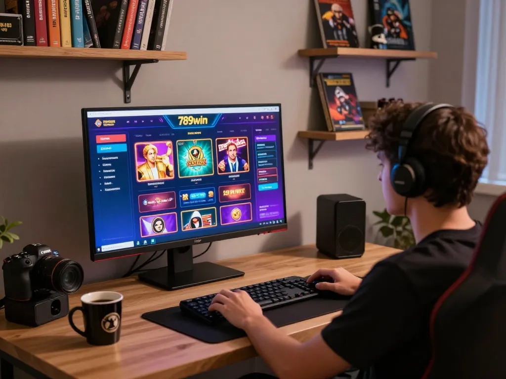 Engaged player at a modern gaming setup using 789win for online casino entertainment with immersive visuals.