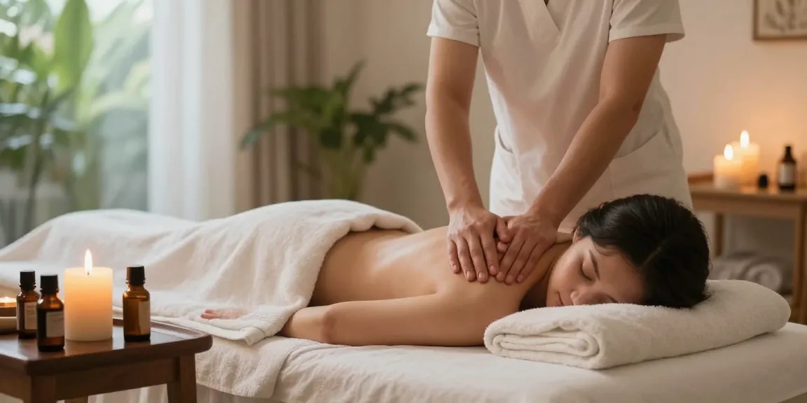 마사지 치료 중인 모습과 아늑한 스파 환경을 담은 이미지